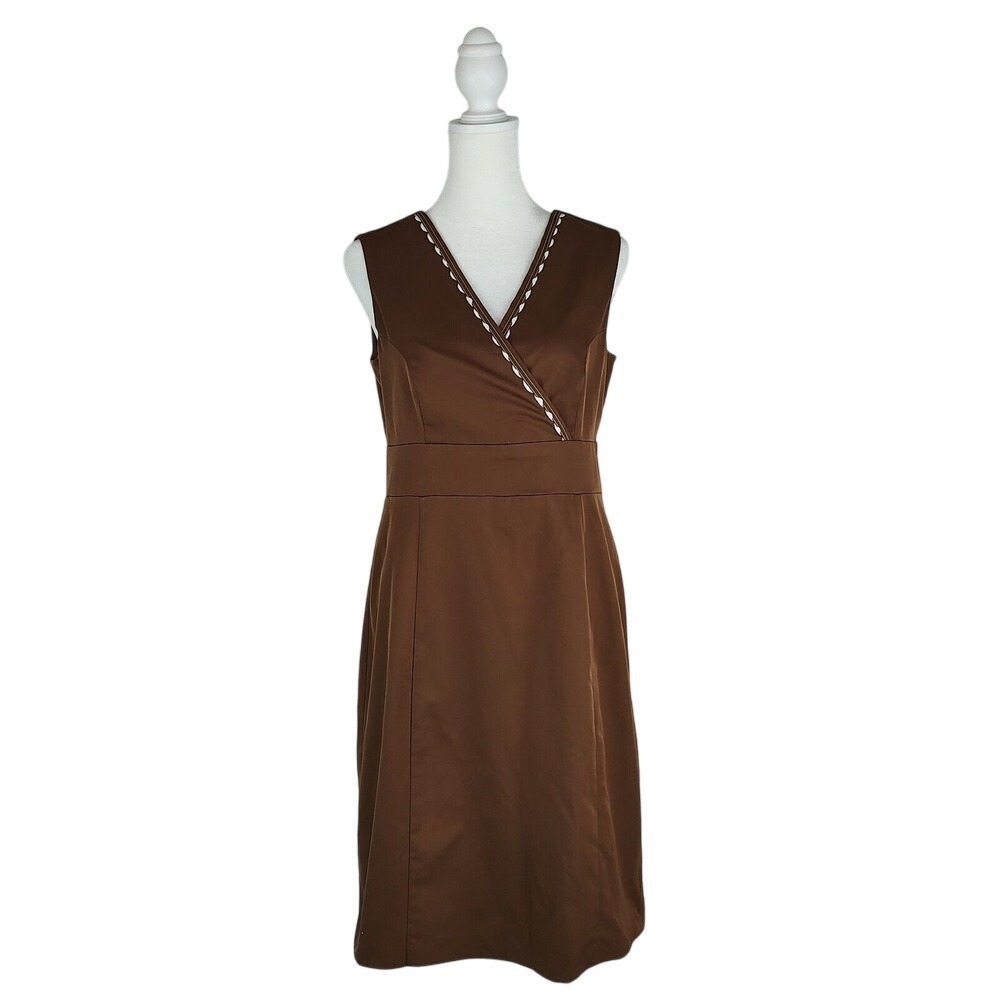 LYN Brown Sleeveless V-Neck Sheath Dress Scalloped Trim Size 6 Made in USA